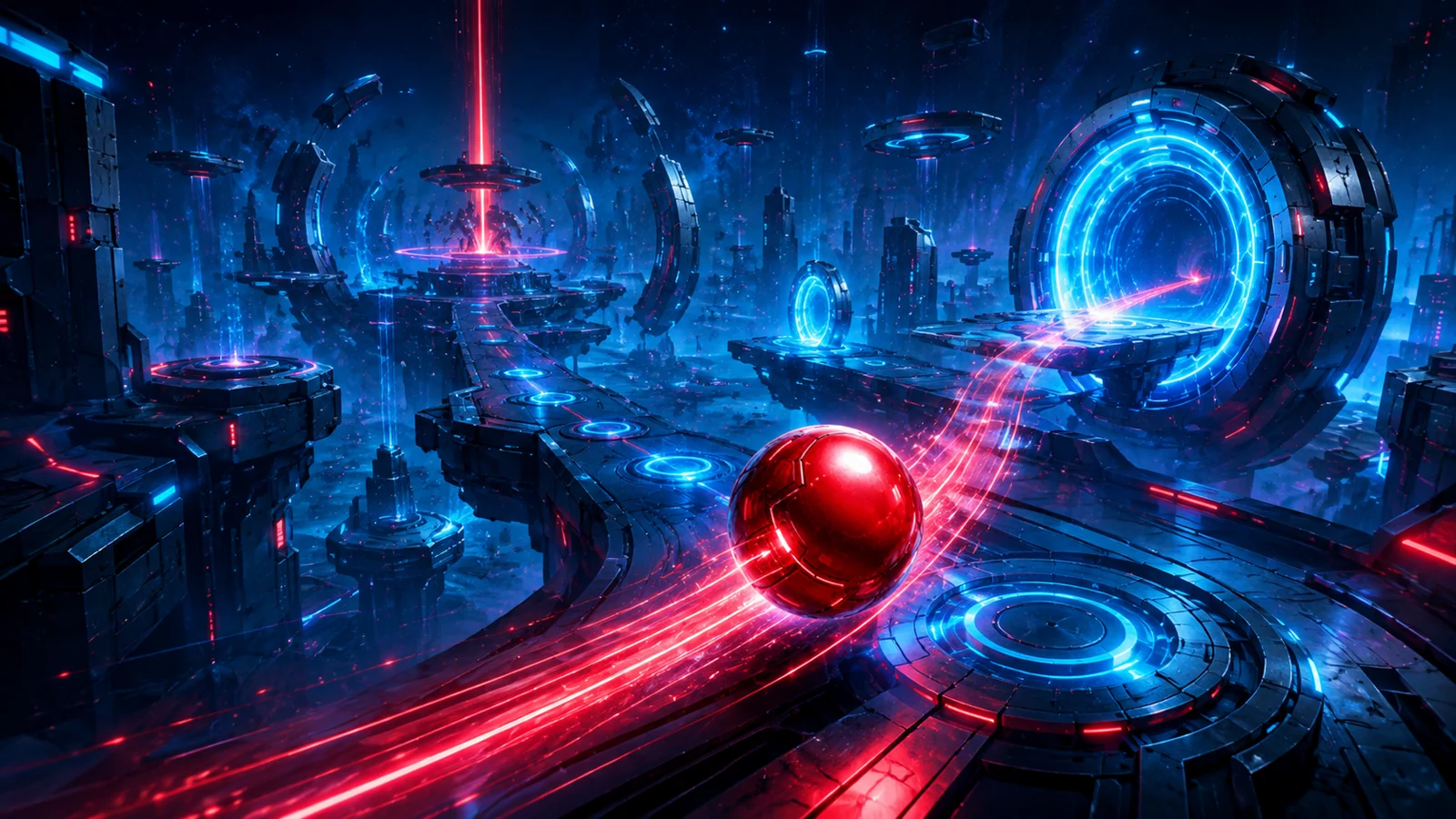 Wide futuristic environment with energy portals and a glowing red orb moving through the level